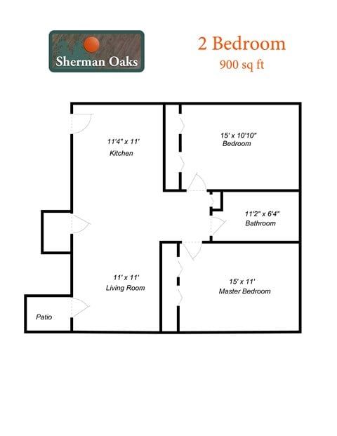 Floor plan for 2 beds, 1 bath, 900 sqft